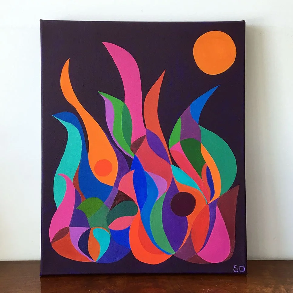 Lunar Escape is modernist acrylic vibrant original painting. From the Mid Mod Bird Squad series