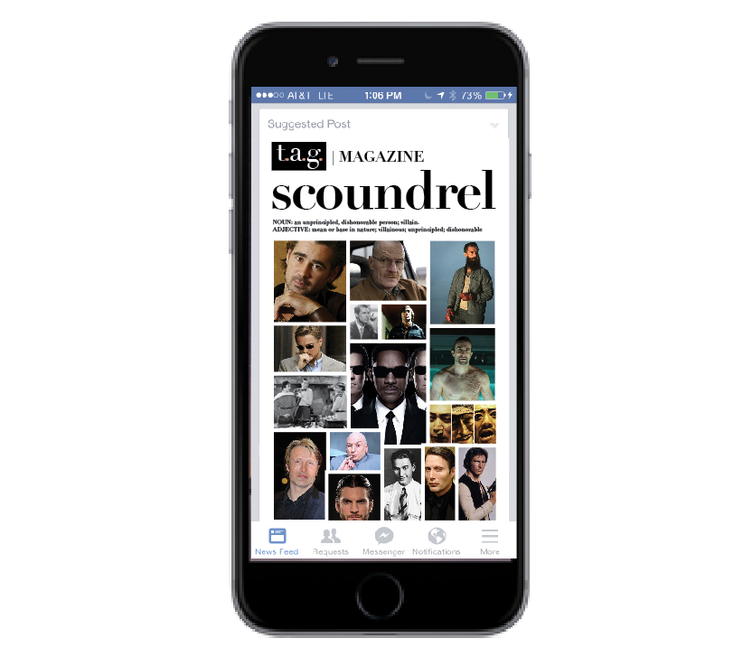 Appearance of the t.a.g. concept—mobile view, with the selected word “scoundrel” displaying the groups of tagged images.