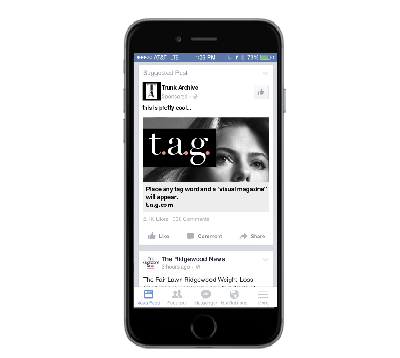 Appearance of the t.a.g. concept as a suggested post on Facebook