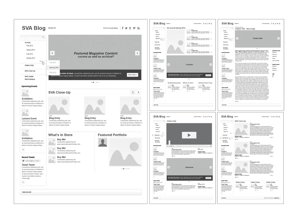 Diagramatic wireframes for an integration of a printed SVA Journal onto existing website.