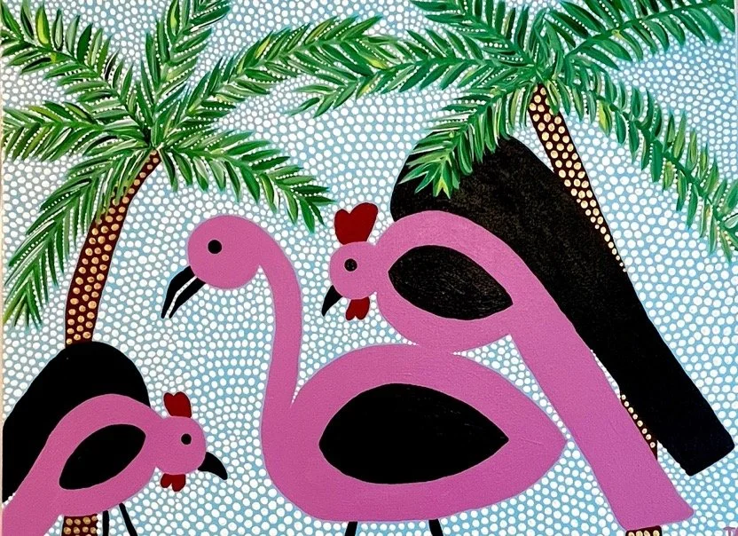 FLAMINGO W/ TWO PINK ROOSTERS