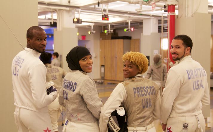 Peter Westbrook Foundation Olympic Hopefuls (from left to right): Yeisser Ramirez, Ibtihaj Muhammad, Nzingha Prescod and Ben Bratton