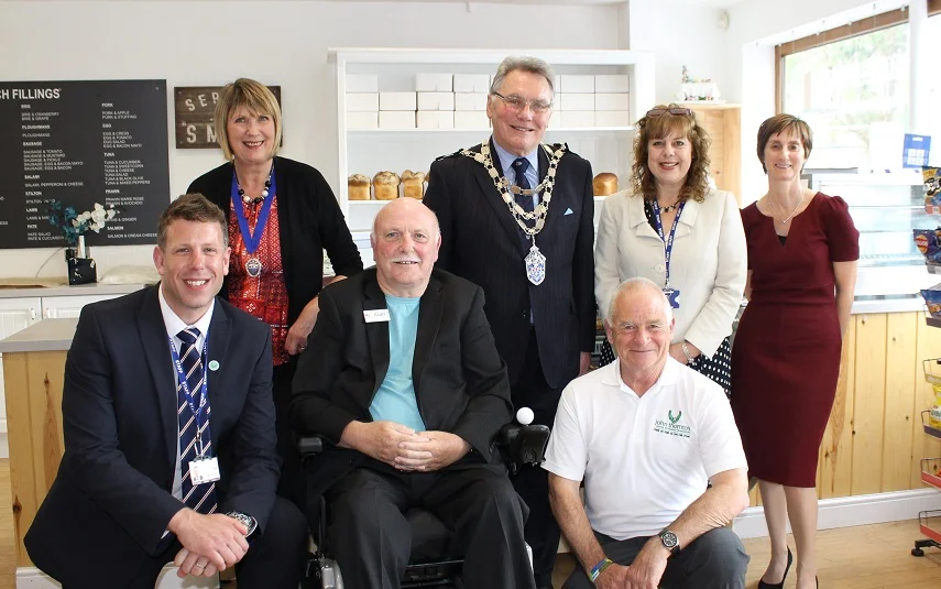 Back left to right, Elizabeth Shortell, Cllr David Shortell, EDDC Chairman, Cindy Lalani, FUS School Business Manager, Val Lloyd-Smith FUS Study Centre Manager - Front left to right, Philip Jones, FUS Headteacher, Alan Lindsay, President Multiple Sclerosis Society Bournemouth, Pete Thornton, Chairman JTYAF.
