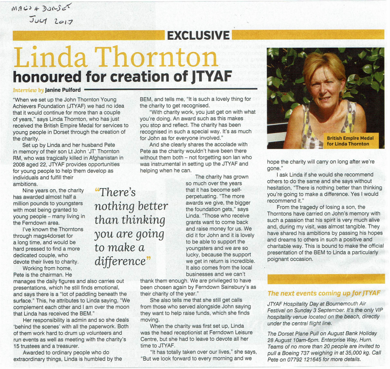 Linda Thornton honoured for creation of JTYAF