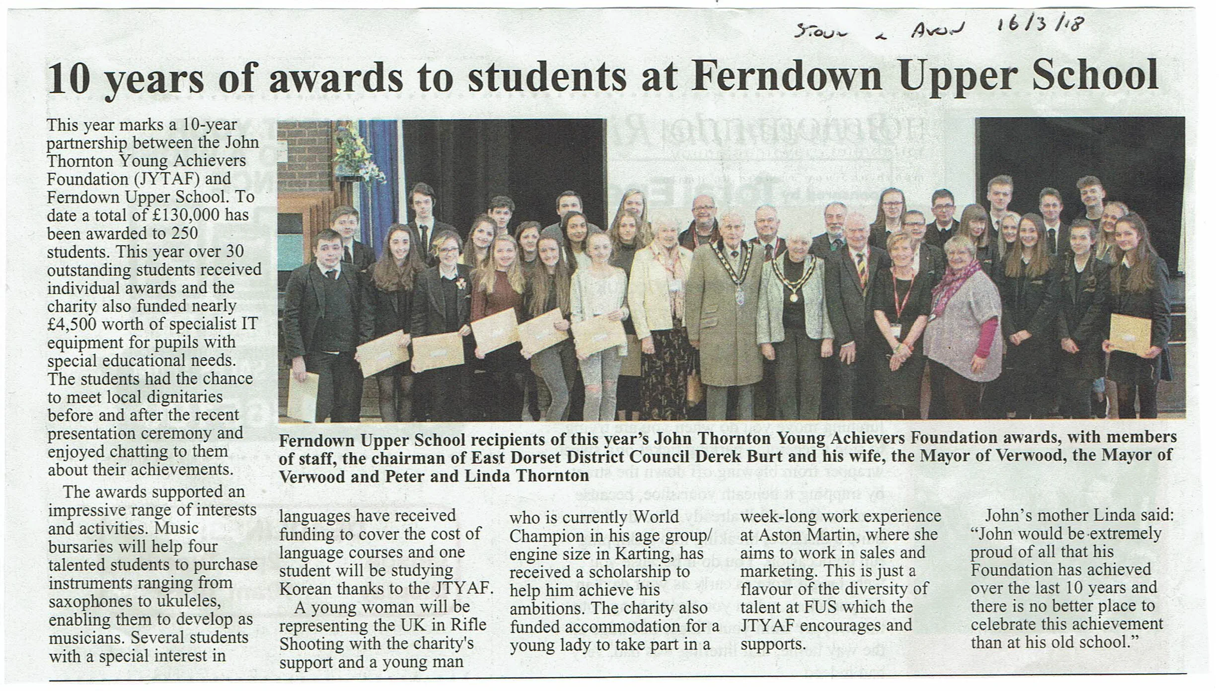 10 years of awards to students at Ferndown Upper School