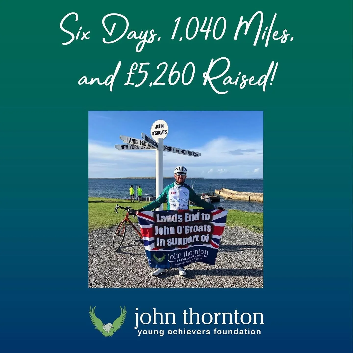 Six Days, 1,040 Miles, and &pound;5,260 Raised for John&rsquo;s Foundation 🚴🏼 

Read all about Dan&rsquo;s epic 40 for JT Challenge, cycling from Land&rsquo;s End to John O Groats 🏴󠁧󠁢󠁥󠁮󠁧󠁿🏴󠁧󠁢󠁳󠁣󠁴󠁿 

https://www.jtyaf.org/blog/dans-epic-