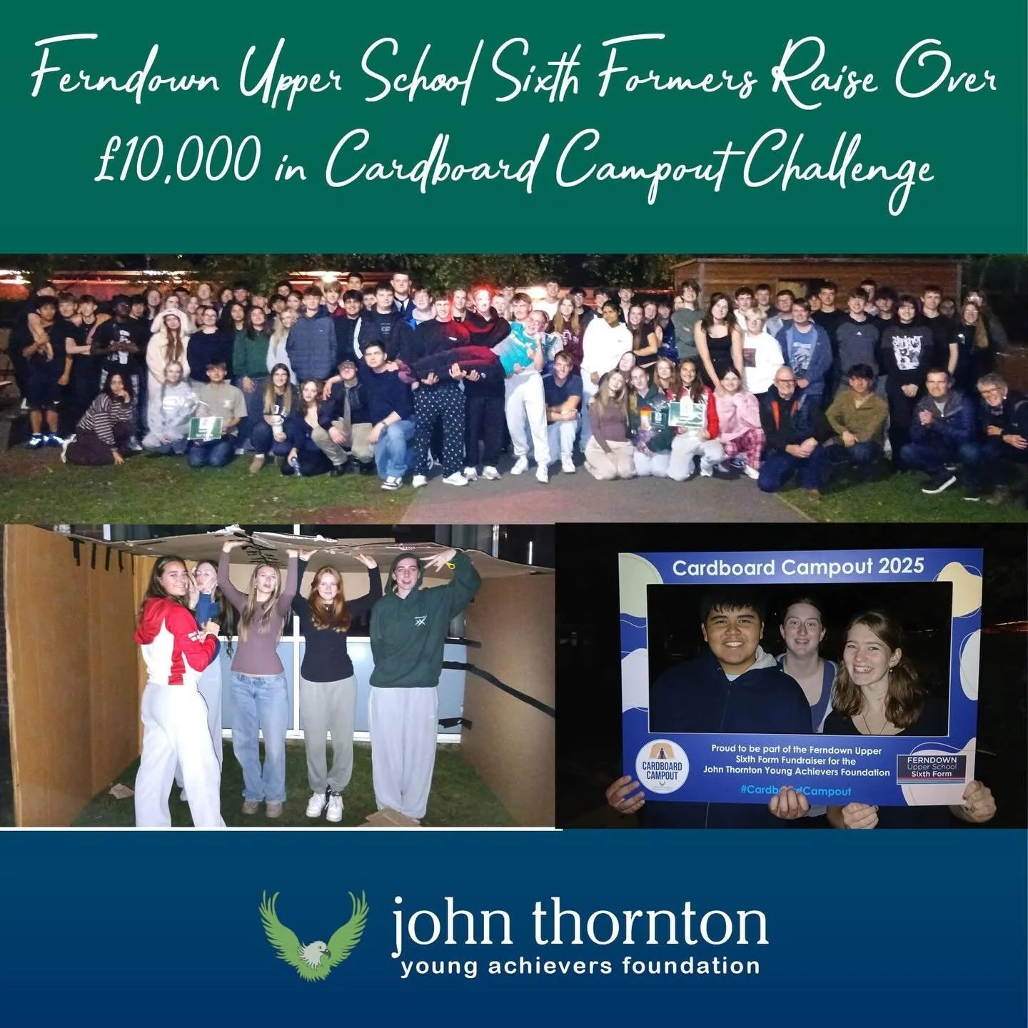 Wow! Ferndown Upper School Sixth Formers raise over &pound;10,000 in their amazing Cardboard Campout Challenge 📦🤩 

https://www.jtyaf.org/blog/ferndown-upper-school-sixth-formers-raise-over-10000-in-cardboard-campout-challenge 

#Ferndown #Dorset #