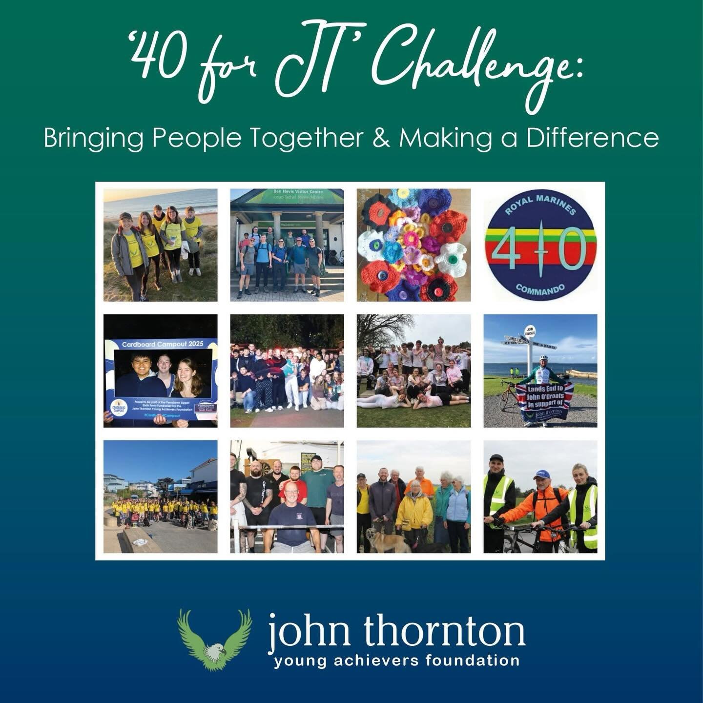 &lsquo;40 for JT&rsquo; Challenge: Bringing People Together and Making a Difference: We are absolutely delighted to announce that, as the challenge draws to a close, a staggering total of &pound;42,316 has been raised! 

https://www.jtyaf.org/blog/40