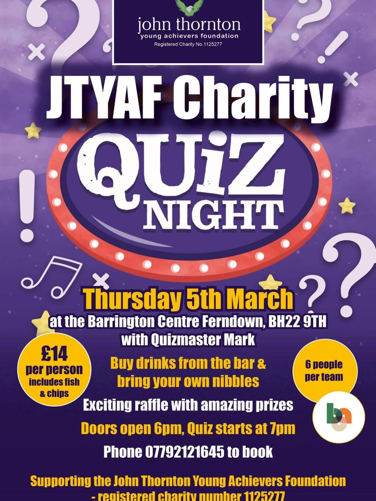 🧠🍽️ Quiz lovers, this one&rsquo;s for you! 🍽️🧠

Join us for the JTYAF Charity Quiz Night at The Barrington, Ferndown on Thursday 5th March for a fun-filled evening of trivia, laughs, and great food.

💷 Just &pound;14 per person
🐟 Includes a tas