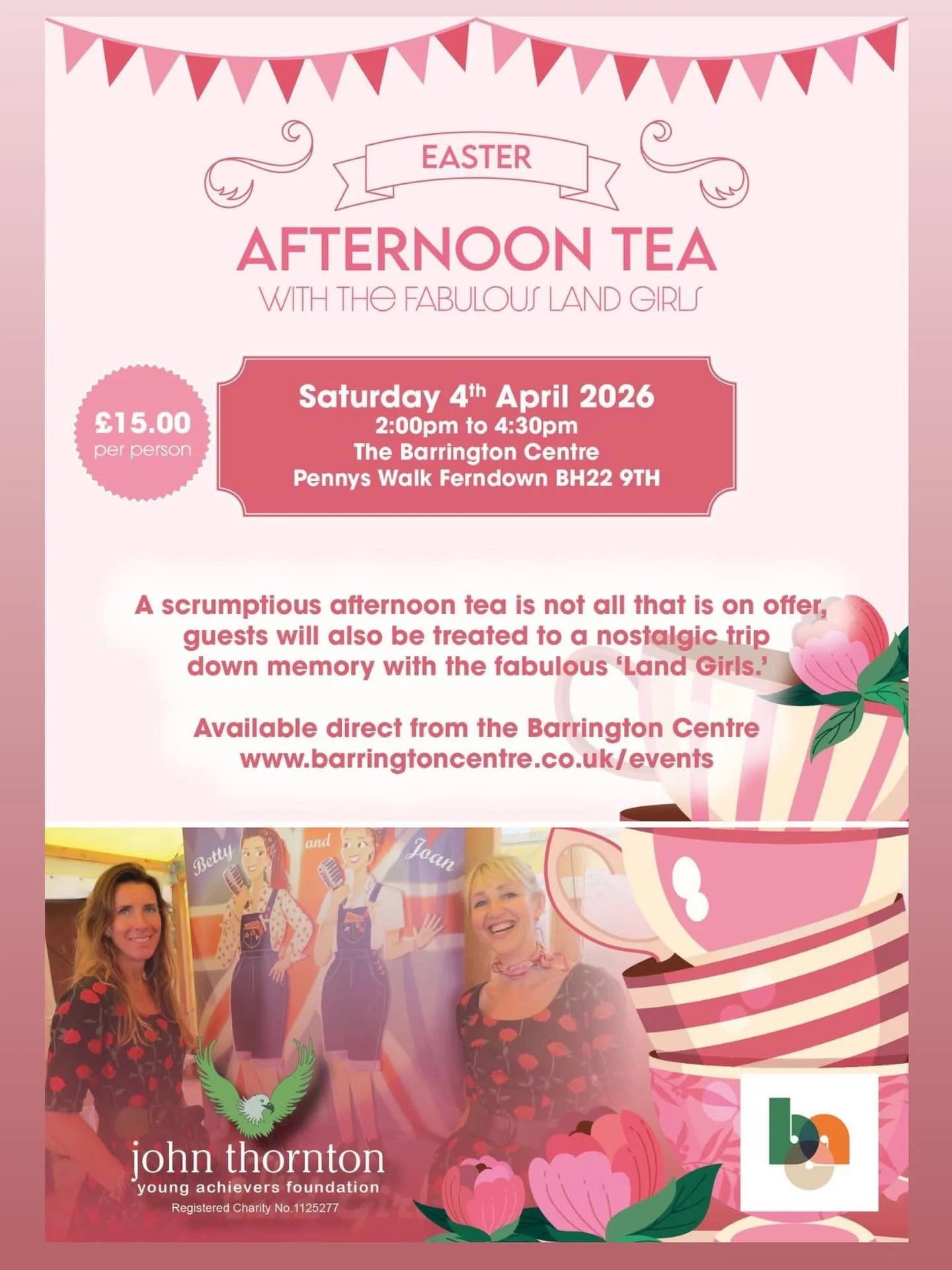 🌸🫖 Take a trip down memory lane this Easter! 🍰 🌸

Take a delightful trip down memory lane and join us for a charming Easter Afternoon Tea with the fabulous Land Girls at The Barrington, Ferndown 🕰️✨

📅 Saturday 4th April
⏰ 2.00pm &ndash; 4.30pm