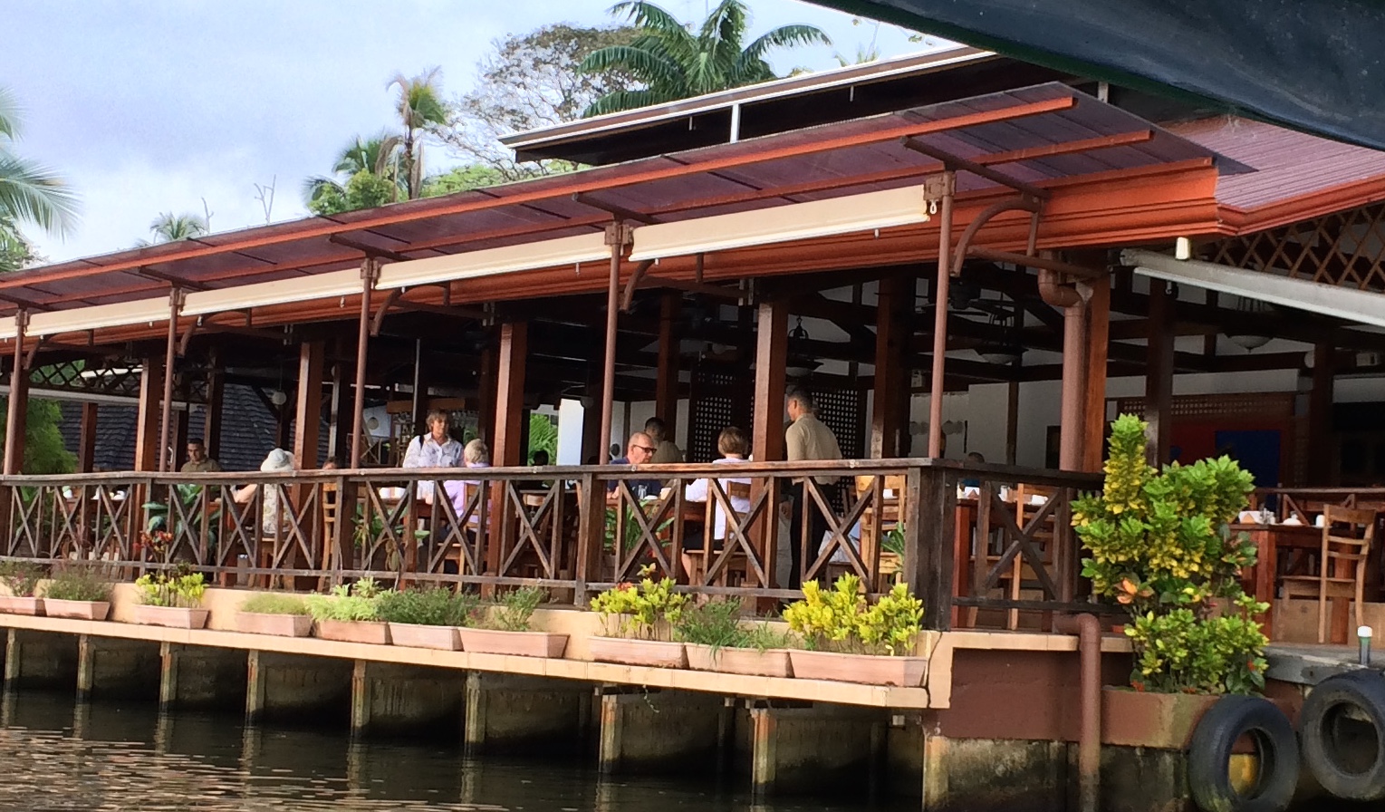 The open air dining room of Tortuga Lodge, seen from the Tortuguero Canal