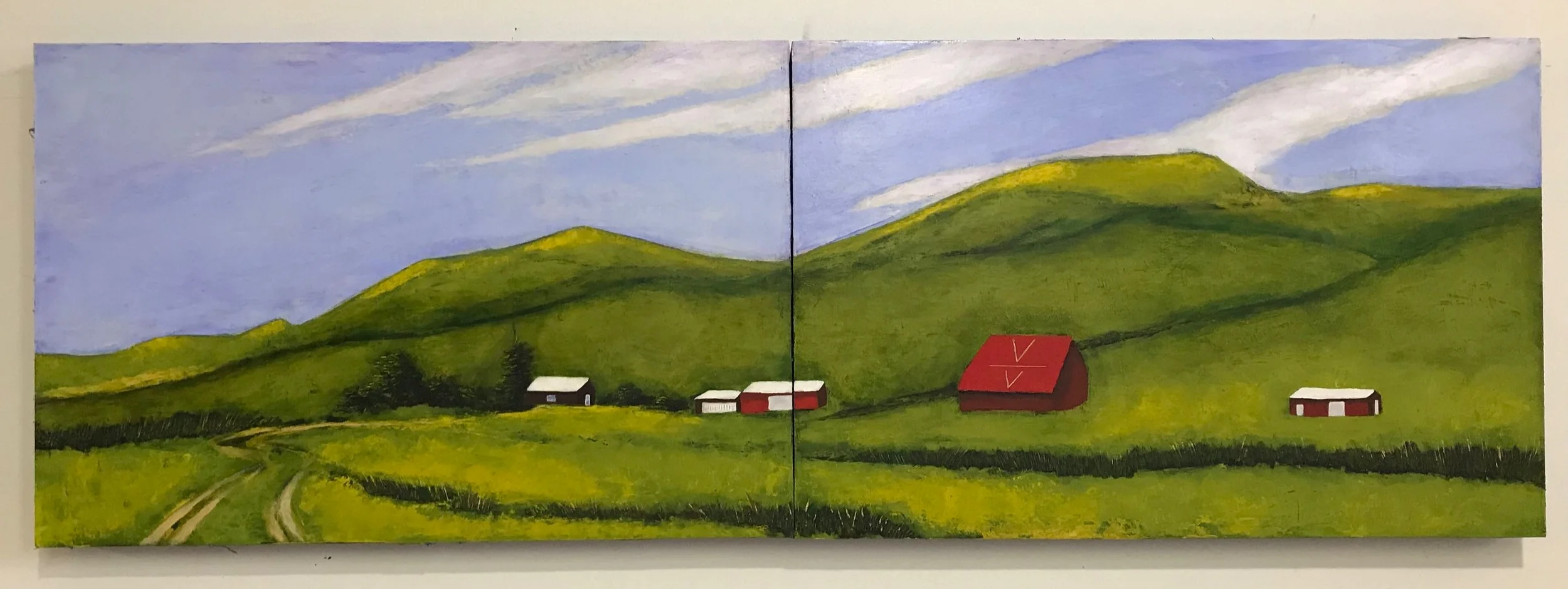 60”x20” painting on birch panels depicting a Nebraska Sandhills ranch home place.