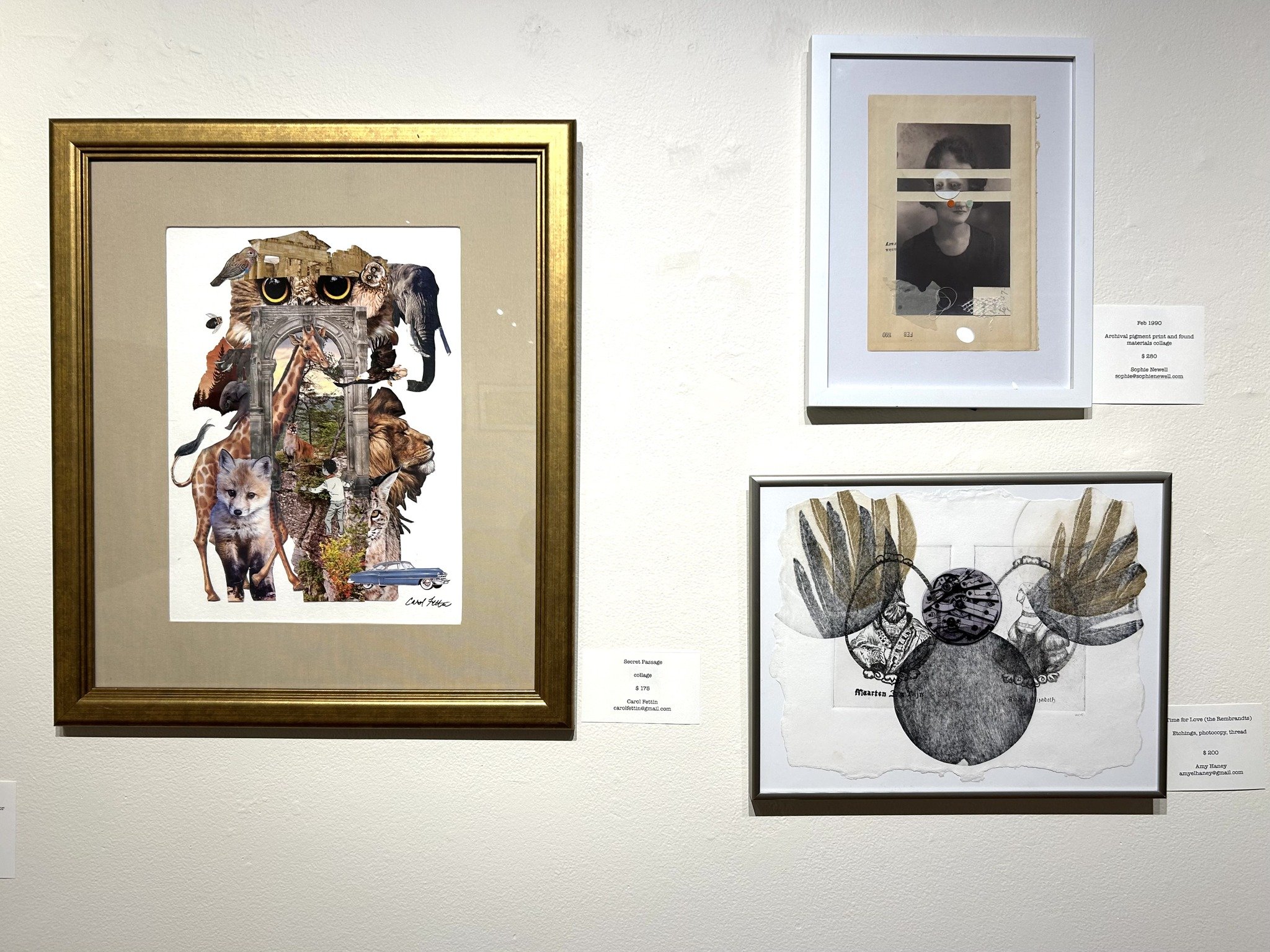 It's the last week to see the @collage_nebraska exhibit at @hotshopsartcenter. Enjoy these pieces by @carolfettin , @sophienewell_studio and @amyehaney along with more than 20 additional artists' work. The gallery is open until 5 p.m. every day. Arti