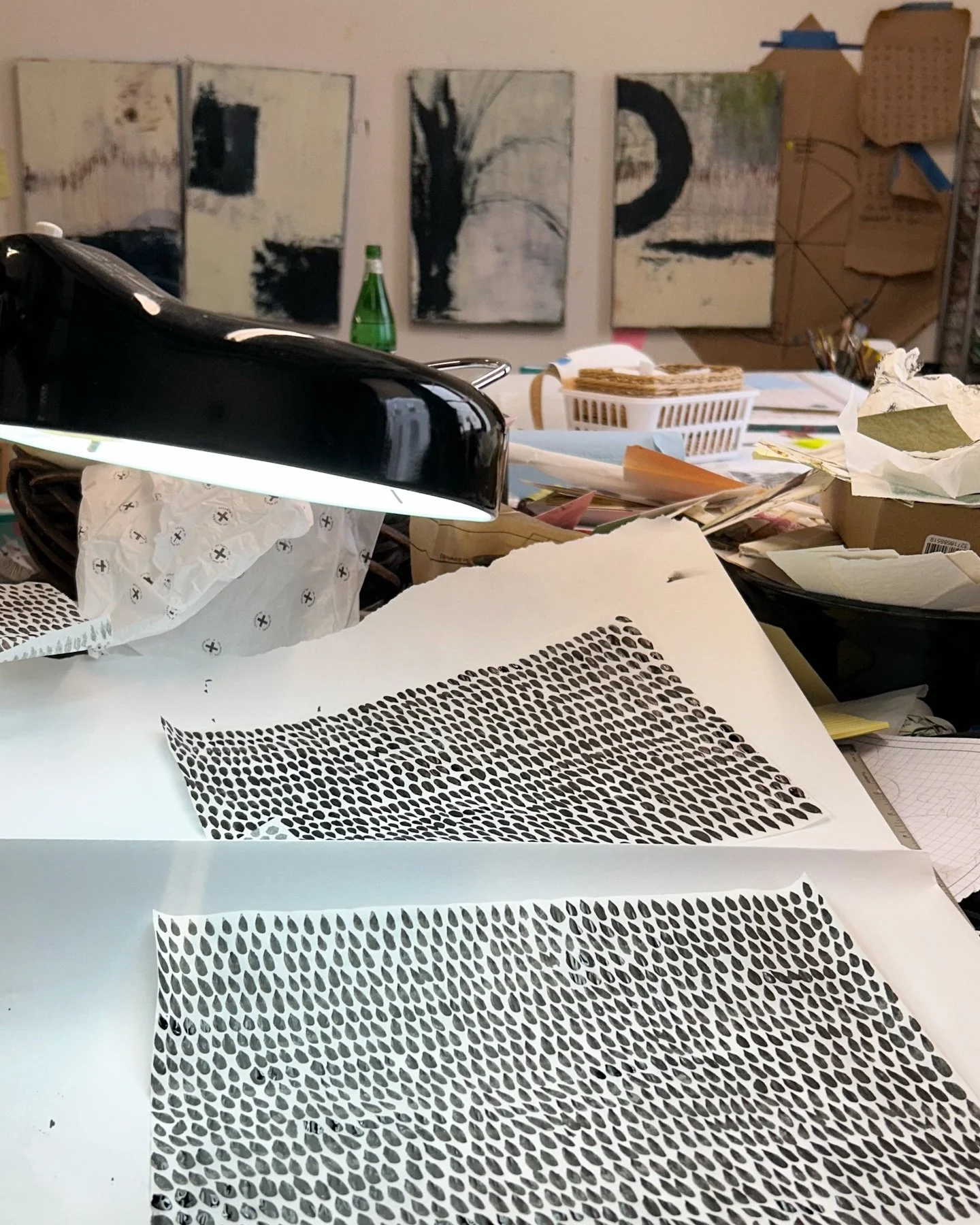 Painting patterns on tracing paper for mixed media pieces as large paintings in their ugly/awkward stage wait for attention. 

#whatartistsdo #painting #mixedmedia #lebstudio
