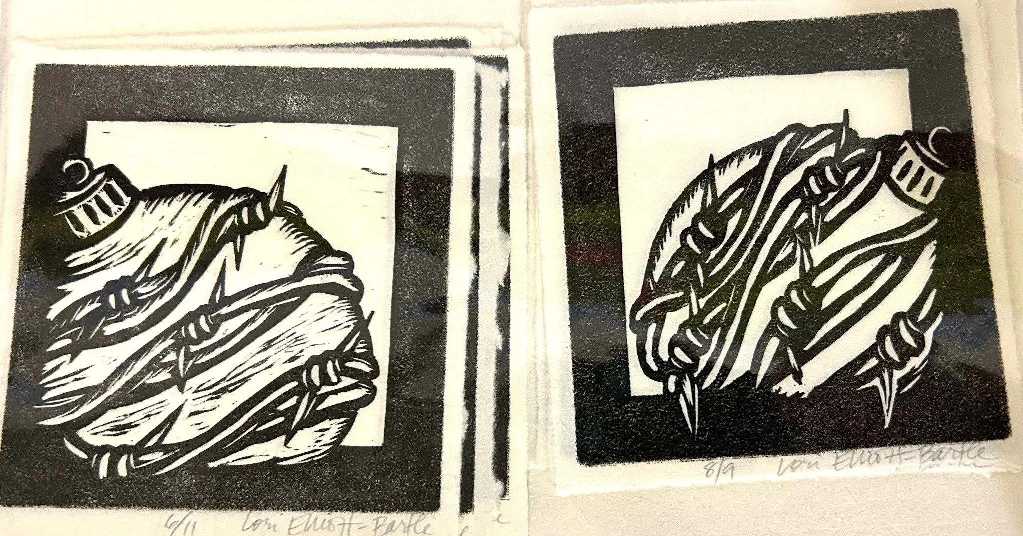 The ornament woodcuts are out for the season! I have three that are framed, but all these unframed handmade prints are also available in the studio this weekend. I'm still quite fond of the images with barbed wire, as they reflect a time when the hol
