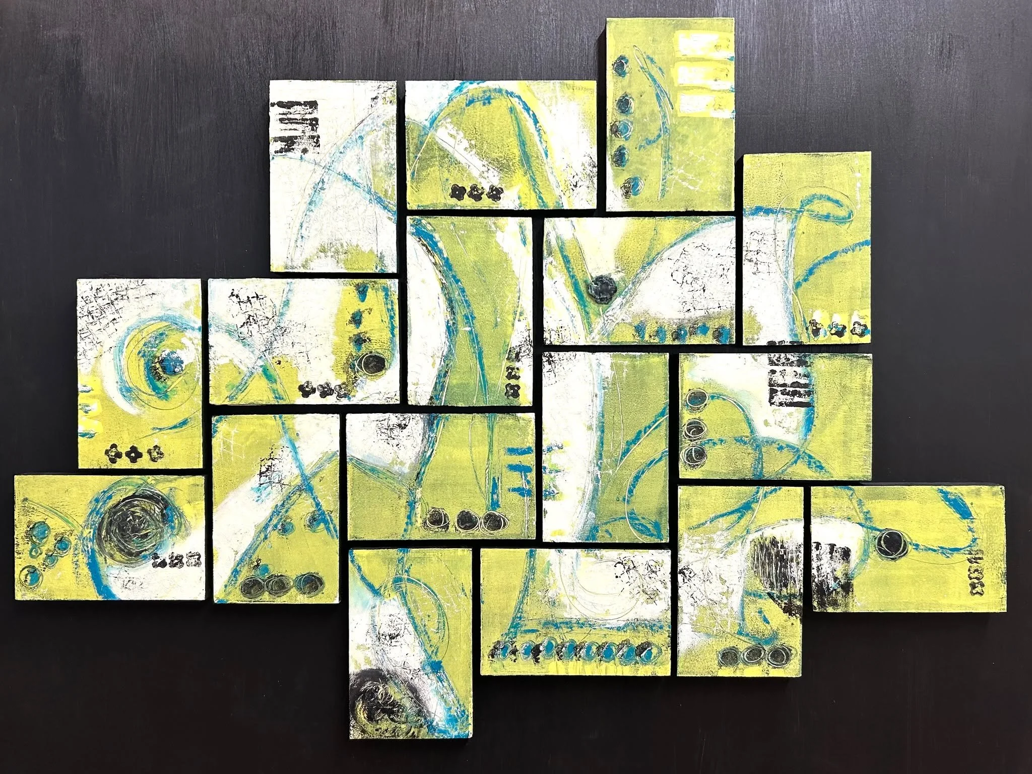 This piece, about 34"x27" has taken some time to complete. I've had the wood blocks, each about 4x6", for a *long* time. When I bought unused oil paints from another artist, she insisted I take them. I packed them for my residency at t