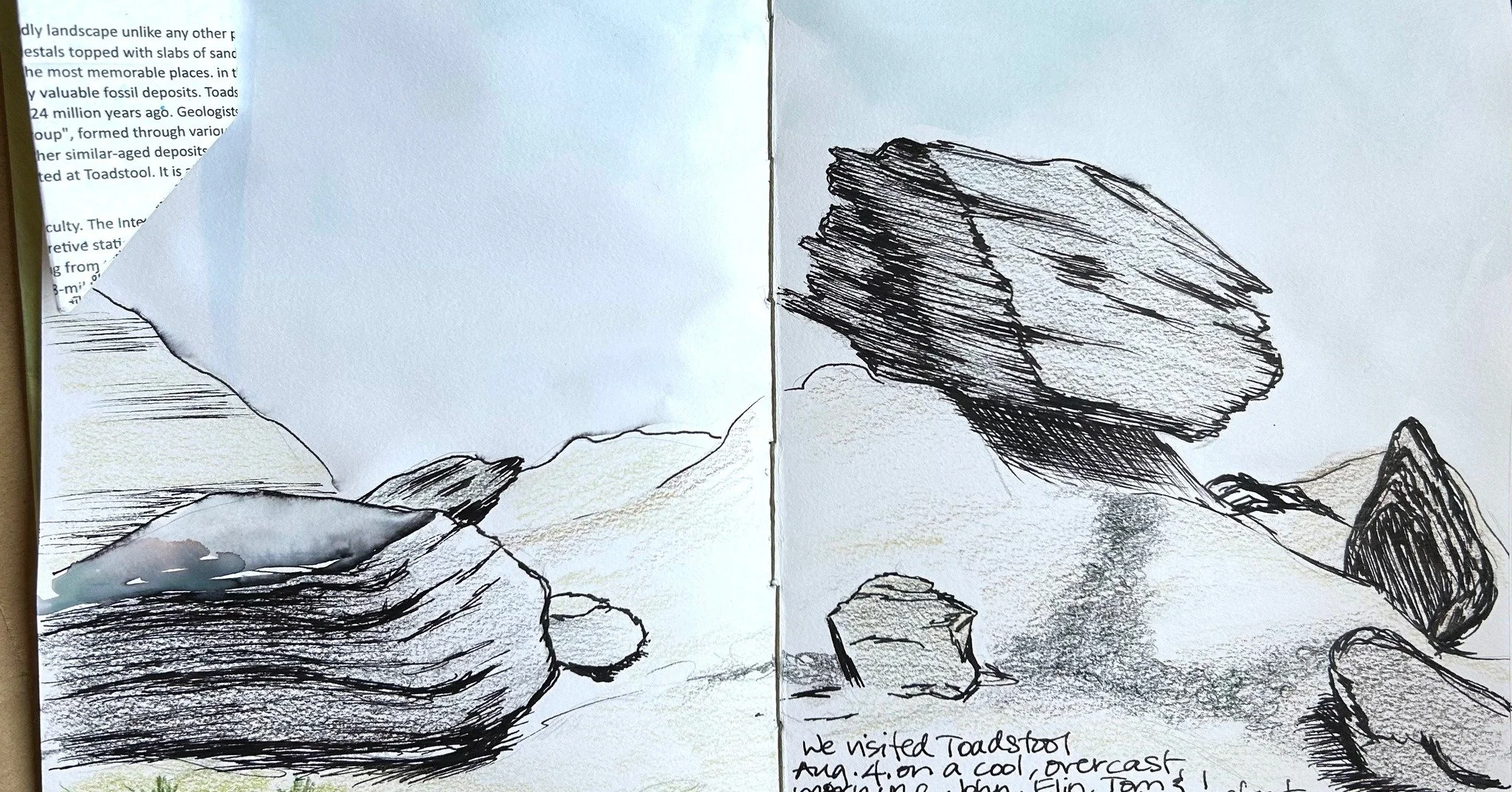 Sketches are great ways to practice seeing, drawing and recalling. The flaws and mistakes always appear glaringly obvious to me, but I'm usually glad I spent the time making something, flaws and all. This sketch is based on a view at Toadstool Geolog