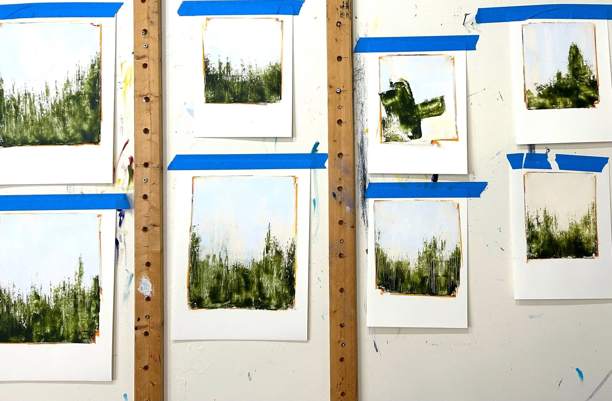 works in progress: paintings on paper, some of which will get some collage elements

#oilpainting #mixedmedia #omahaartist #nebraskaartist #inspiredbyprairie #lebstudio