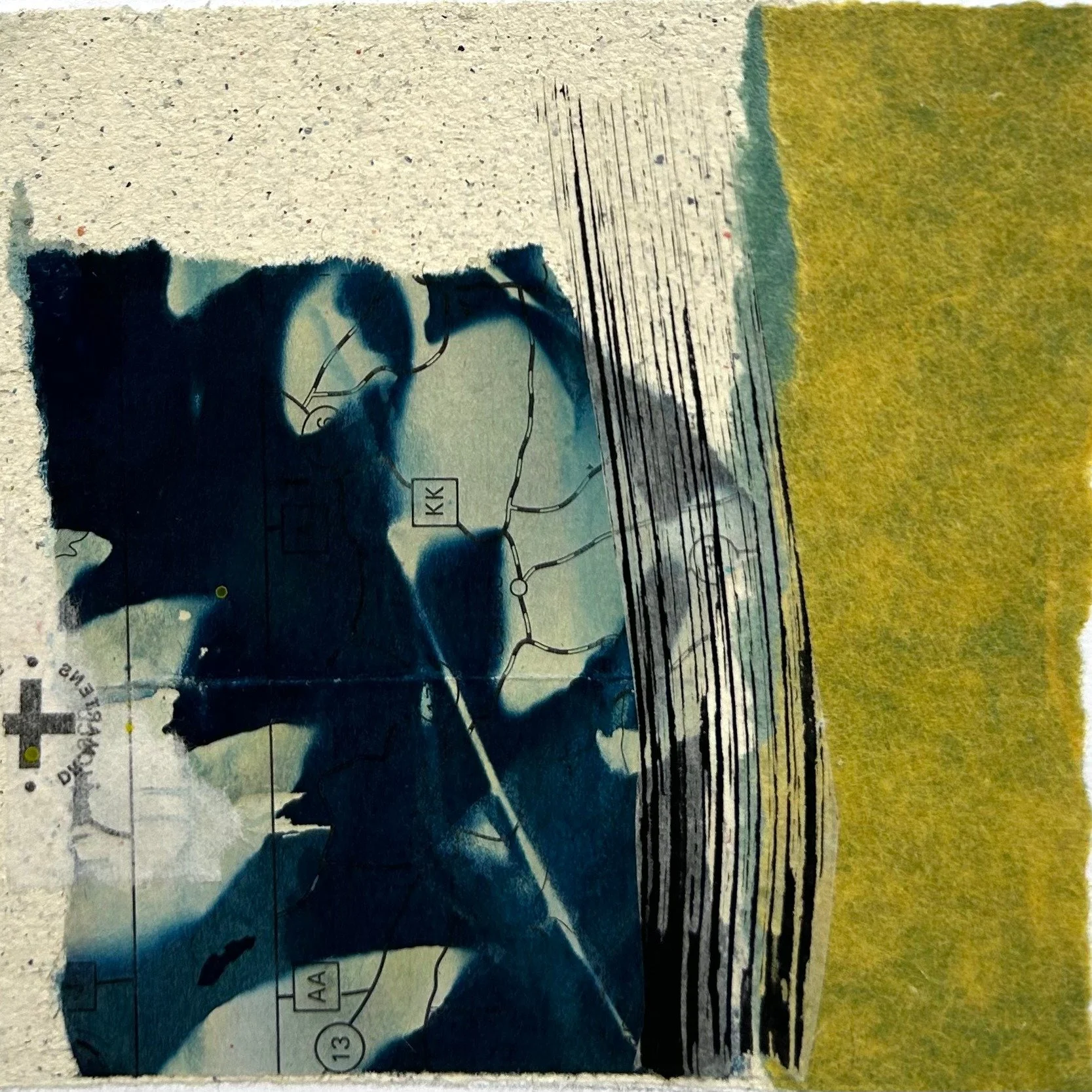 two 4x4" collages in the journal  with cyanotypes, handmade paper, india ink and vintage and mixed papers

#collage #collageart #lebstudio