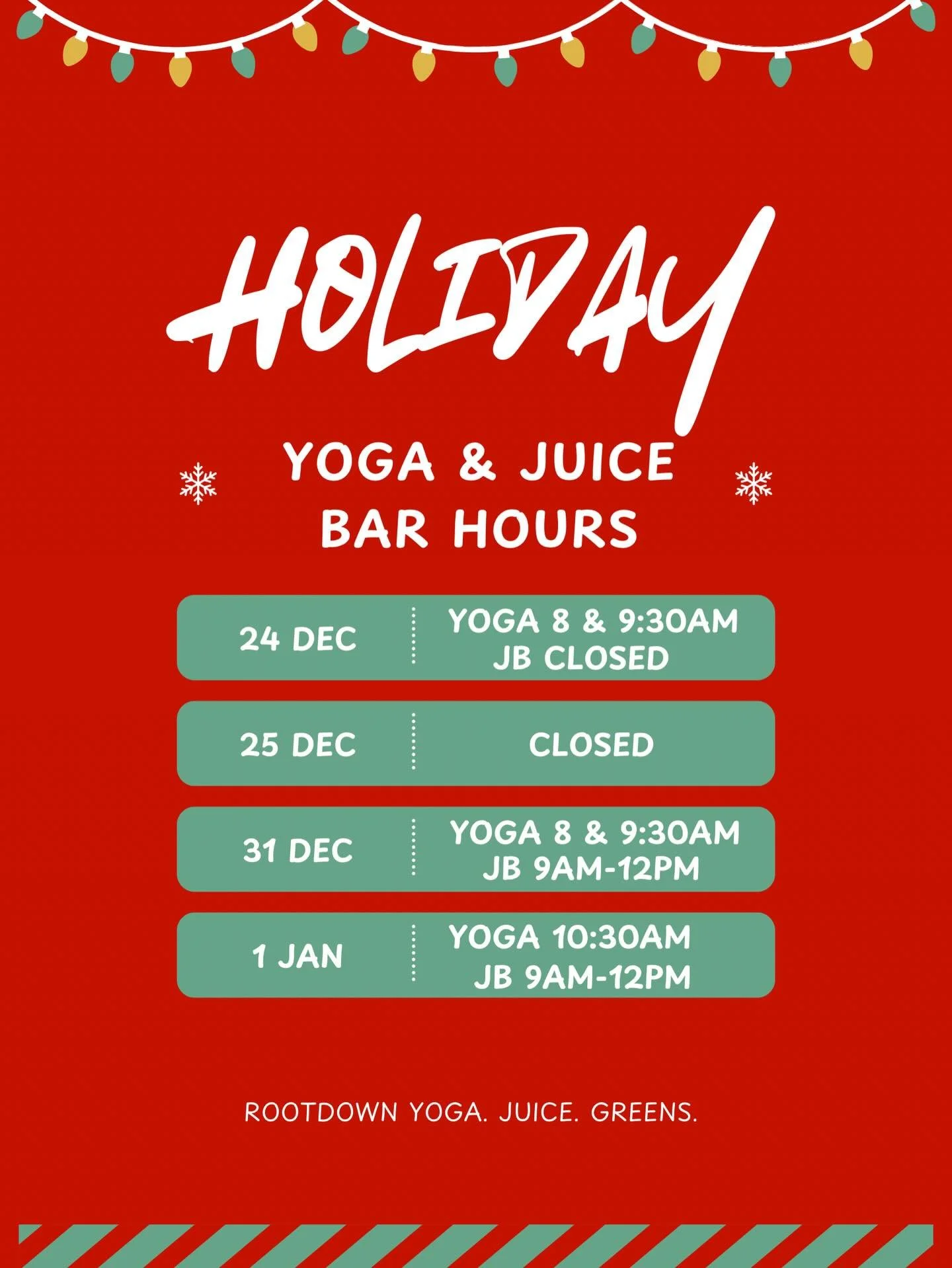 Join us for some festive movement and mindful moments as we close out the year ❤️

🎄 Christmas Eve | Wed 12/24
8&ndash;9am All Levels w/ Julia
9:30&ndash;10:30am Heated w/ Kelly
✨ Juice Bar Closed

🎅🏼 Christmas Day | Thurs 12/25
✨ Studio Closed

✨