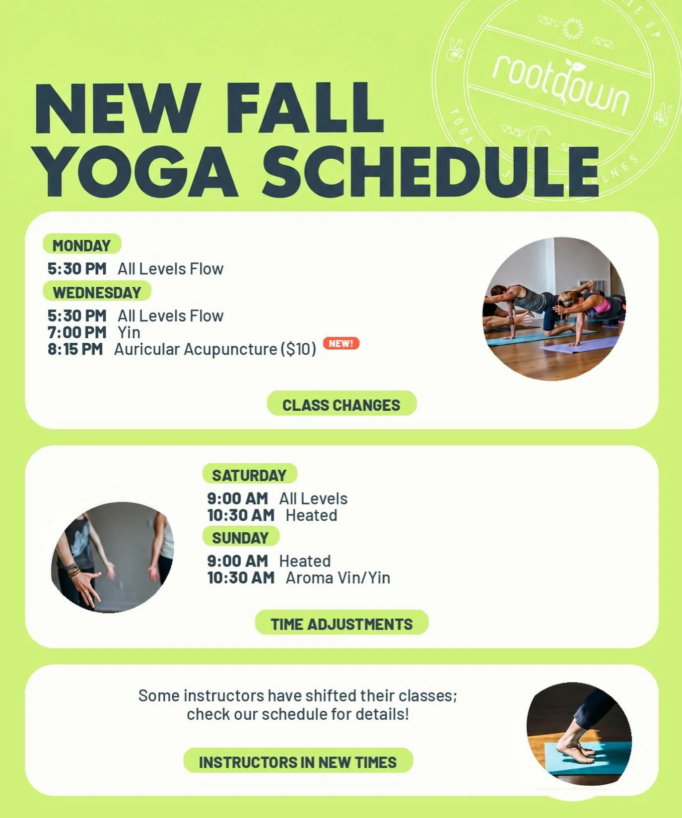 New Fall Yoga Schedule starts October 1st! 🍂

A new season, a fresh schedule, and more ways to move with us. 💚

Flow, sweat, slow down, and find your way back to the mat this fall.

We can&rsquo;t wait to see you in the studio!

Check out the new s
