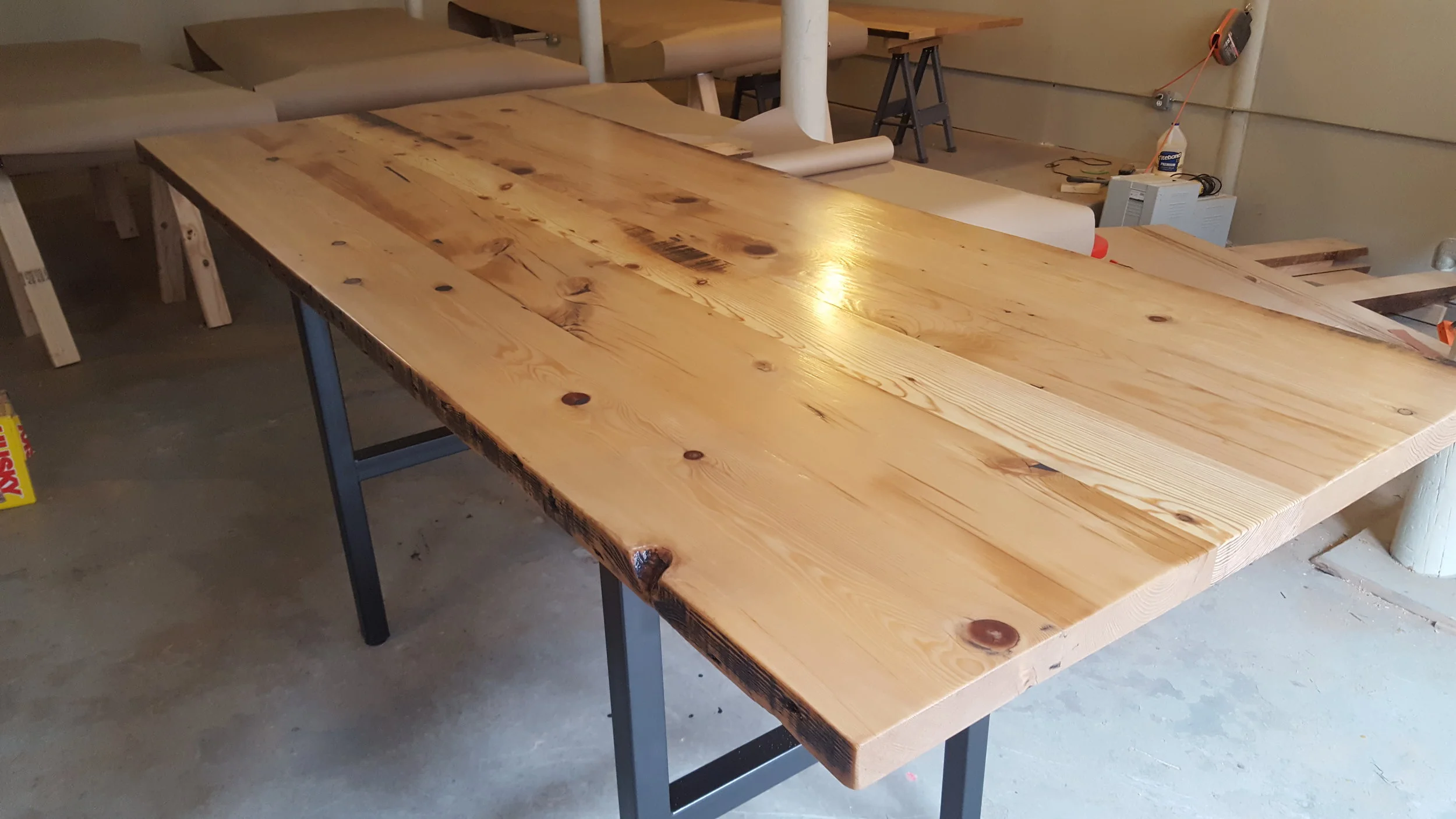 reclaimed hemlock dining table with steel base