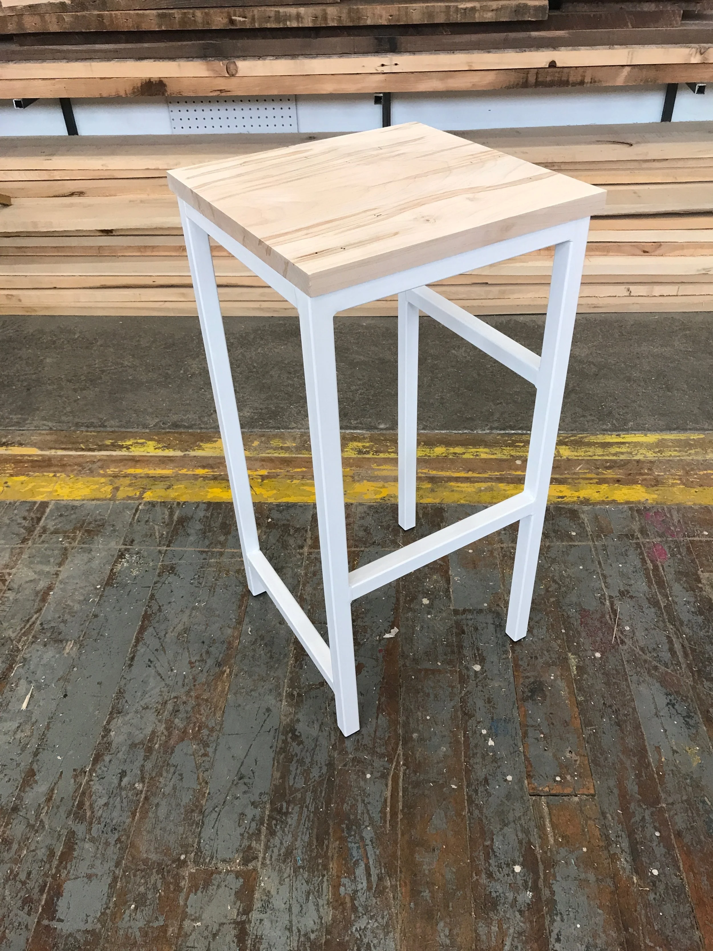 Merrick stool in white with wormy maple top