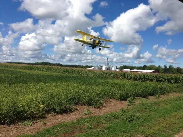 Grandson and business partner, Jesse Farwell aerial broadcasts cover crop seed on Hu-Lane’s, as well as other area farmers fields. This method is much in the experimentation phase.
