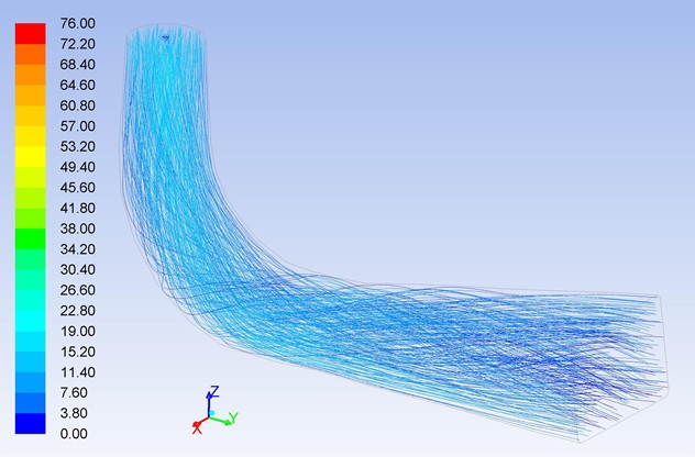 Path line plot of velocity inside the draft tube of the “Francis Turbine.jpg