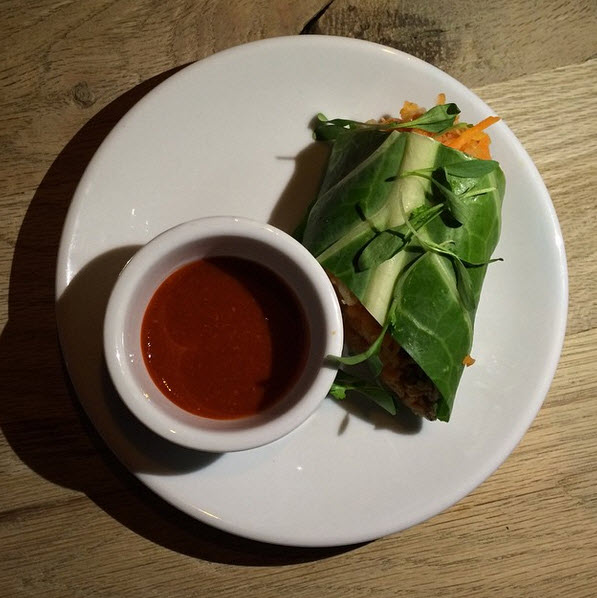 Third Course Banh Mi Collard Wrap lemongrass-brazil nut pâté, pickled carrots, pickled daikon, pickled jalapeno, cilantro, house-made sriracha. 