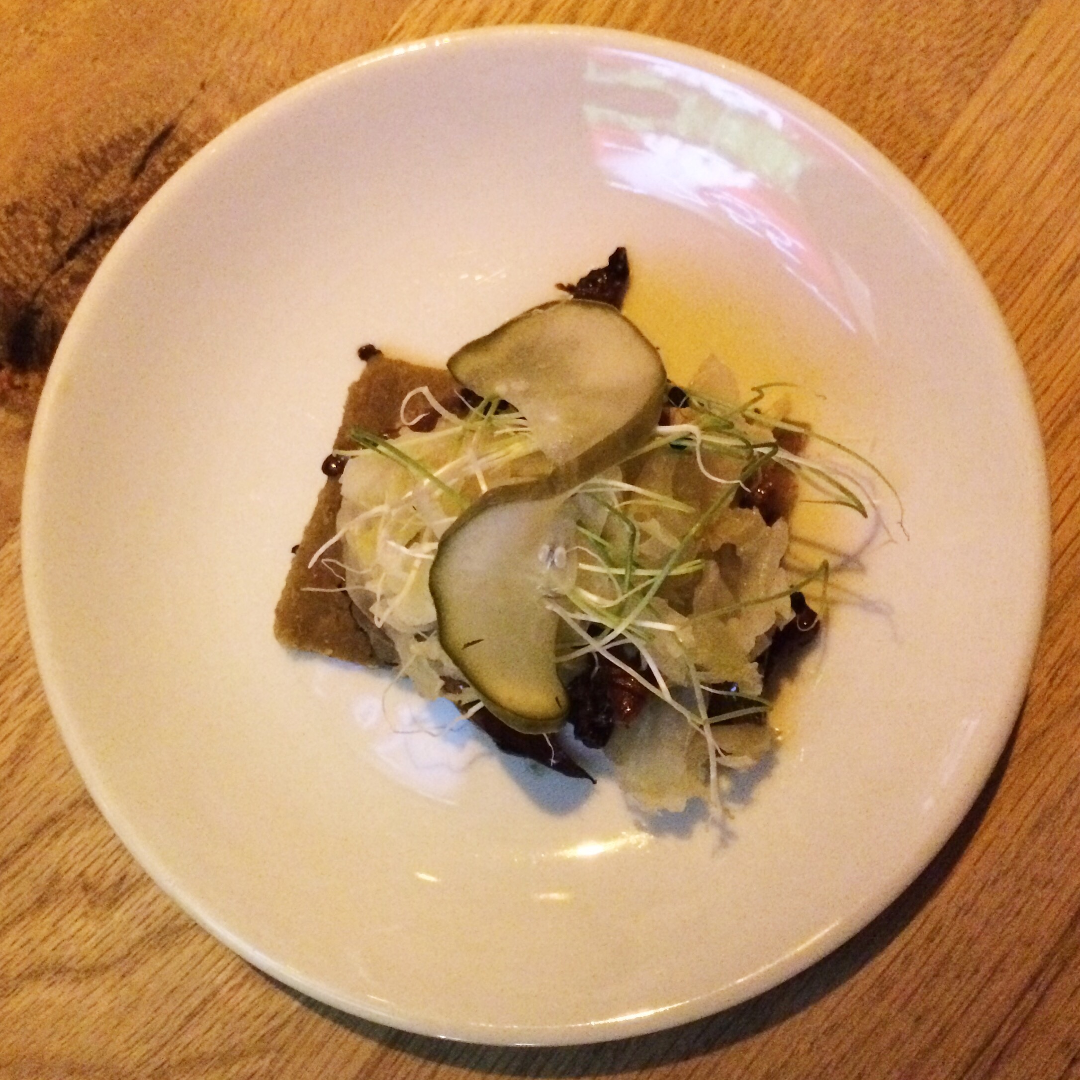Fourth Course Reuben caraway “rye” bread, marinated mushrooms, thousand island dressing, sauerkraut, dill pickles