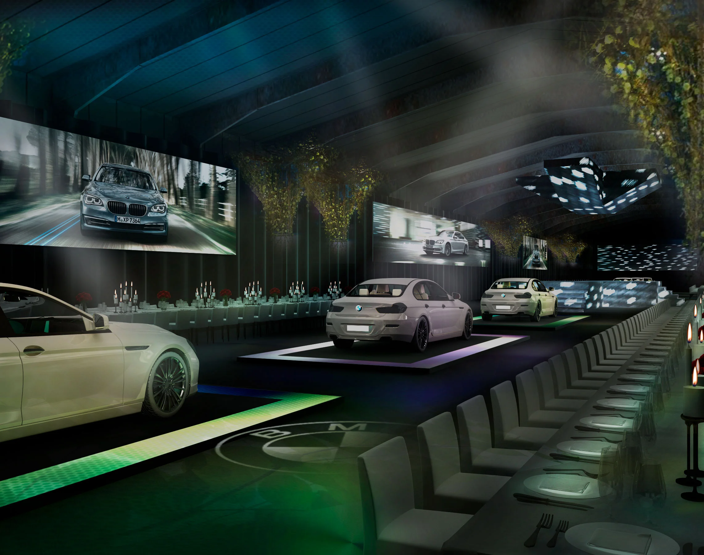 Diseño de escenografía inmersiva y arquitectura efímera para la presentación del BMW Serie 7 en Madrid, un proyecto de atmósfera sofisticada por Campos & Pradel.