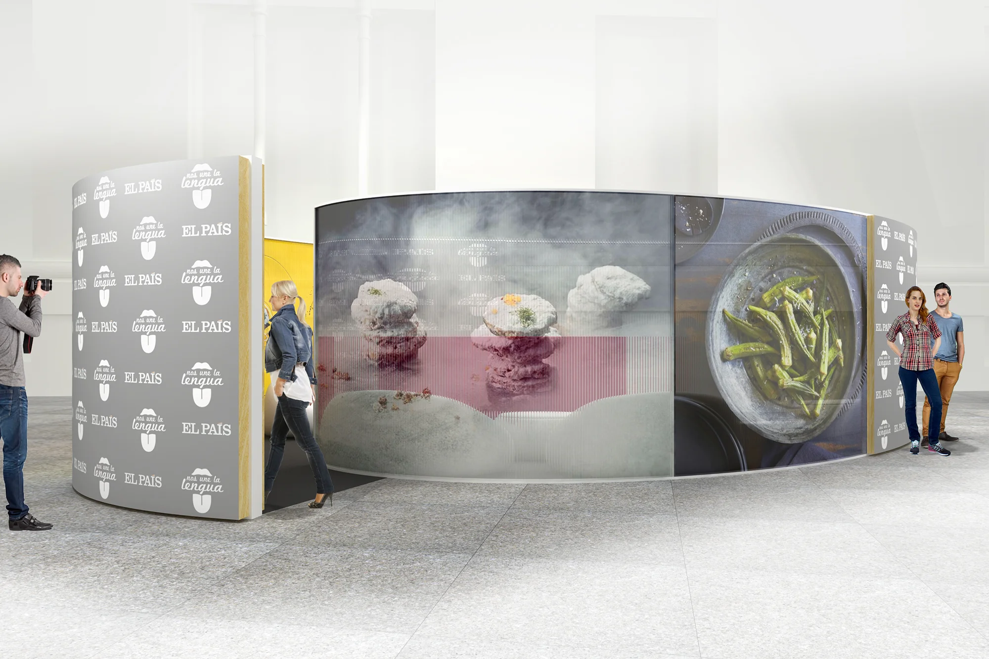 Propuesta de arquitectura efímera y escenografía para evento gastronómico de EL PAÍS en la Galería de Cristal del Palacio de Cibeles, Madrid, diseñada por Campos & Pradel.
