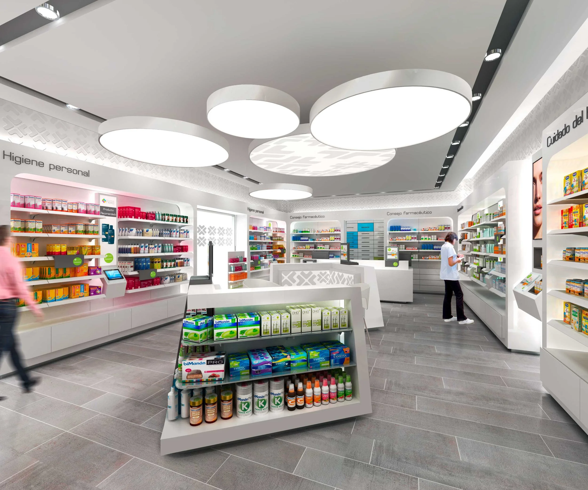 Diseño de interiores y arquitectura para Farmacia Nexo en Madrid, proyecto de la sección Comercio & Hostelería por Campos & Pradel con iluminación moderna y mobiliario especializado.