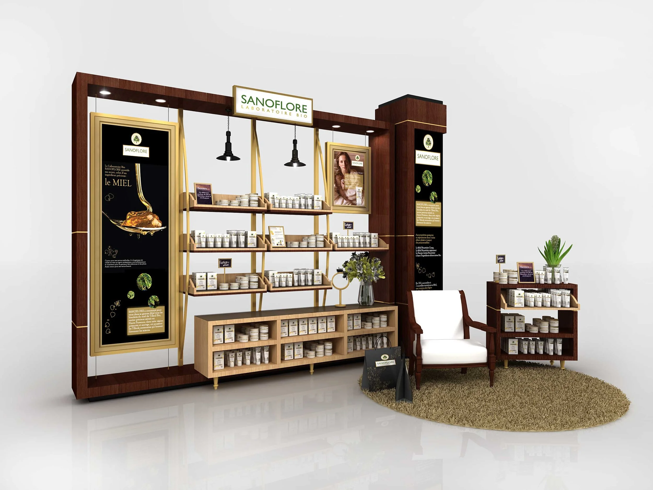 Diseño y montaje de stand corporativo y espacio de venta para Sanoflore en El Corte Inglés, España. Un proyecto de arquitectura efímera por Campos&Pradel.