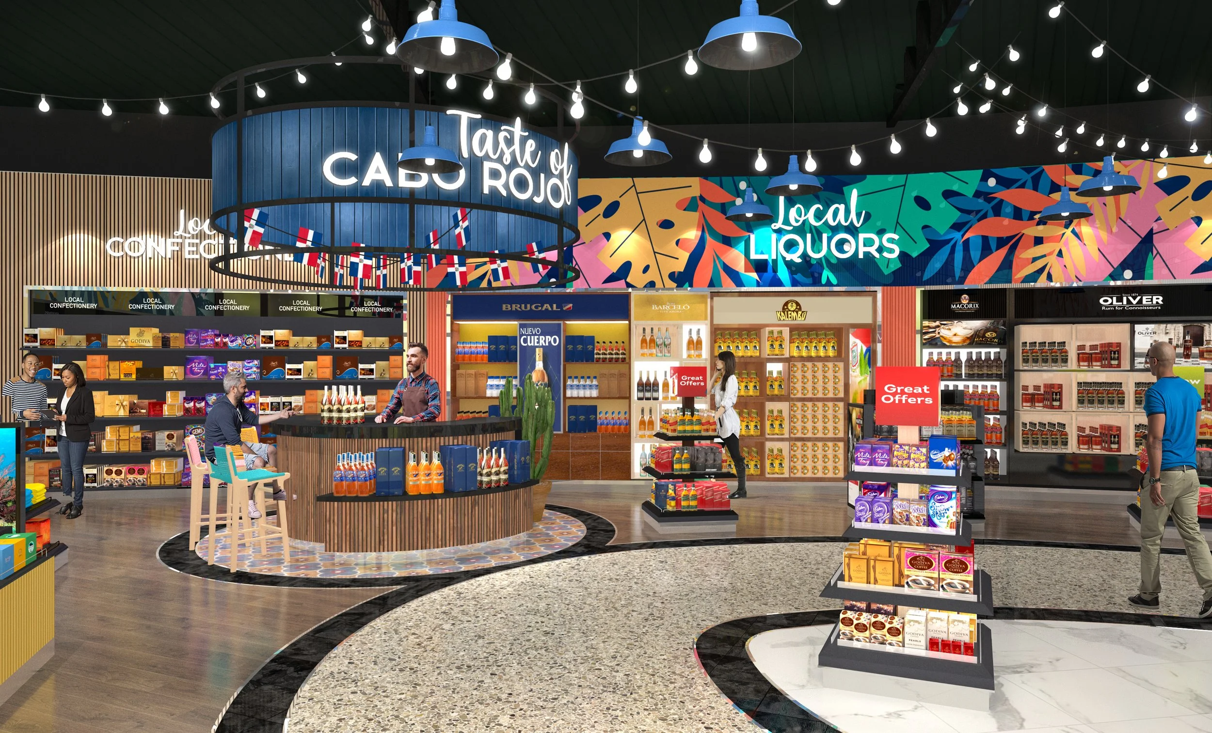 Proyecto integral de arquitectura comercial y travel retail en Cabo Rojo Port, República Dominicana, diseñado por Campos & Pradel con enfoque en identidad local y diseño de tiendas.