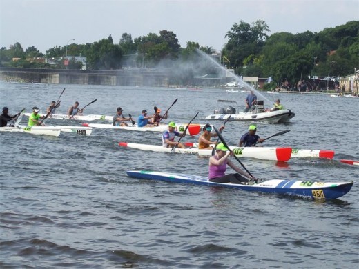 TAKING ON THE BEST: Members from the Johannesburg Canoe Club, based at Wemmer Pan, thoroughly enjoyed the only high-altitude surfski race in the world, especially with numerous world-famous paddlers in the bunch. Ryan Ziervogel and Warren Ziervogel – boat 102 – orange vest /blue sleeves and green cap.