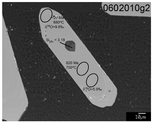 Electron micrograph of Arunachal zircon 0602010g2. Note the core/rim relationship with the younger rim exhibit the lower crystallization temperature and higher δ18O value compared with the older, higher temperature and isotopically lighter core. The muscovite inclusion exhibits a quasi-hexagonal crustal habit and coexists with feldspar. The elliptical feature in the feldspar marks the EMPA spot.