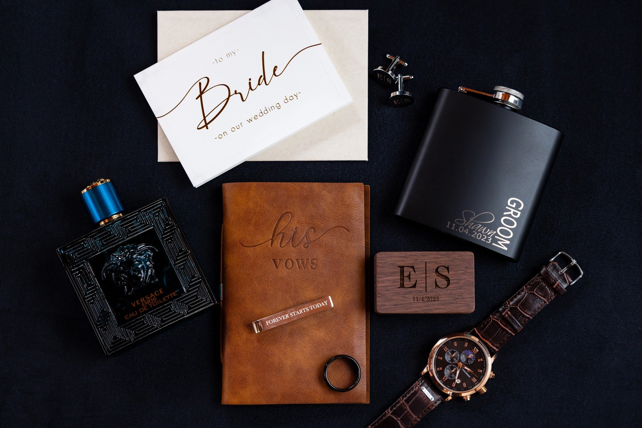 Shawn suited up, smelled amazing, and said &ldquo;I do&rdquo; to his forever with Liz. 💍😎 From custom cufflinks to his vow book and that signature cologne &mdash; every detail was so him. The groom came through in style and kicked off the best day 