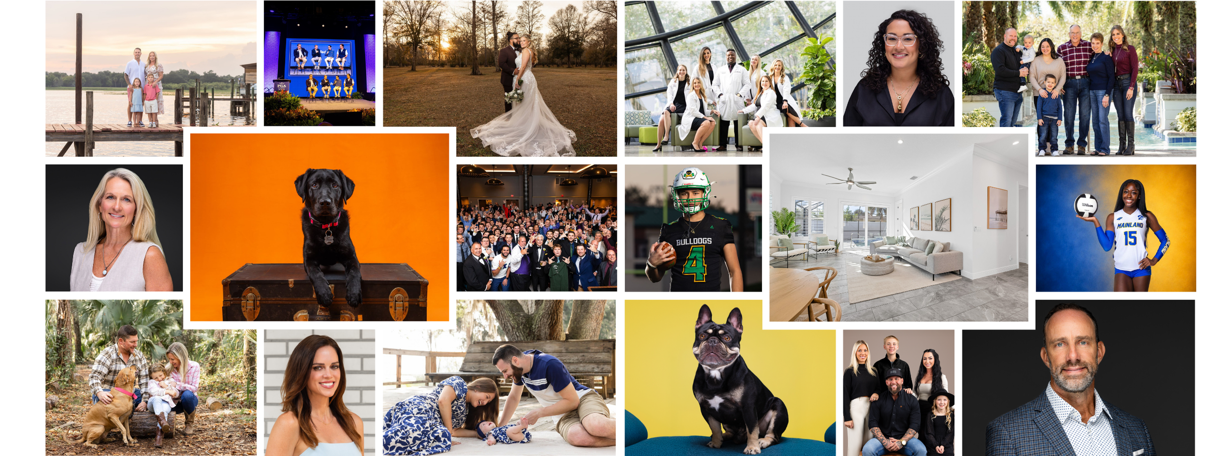 Collage of Dreamscape Photography + Video work featuring weddings, families, pets, headshots, sports, corporate events, branding, and real estate photography throughout Central Florida.