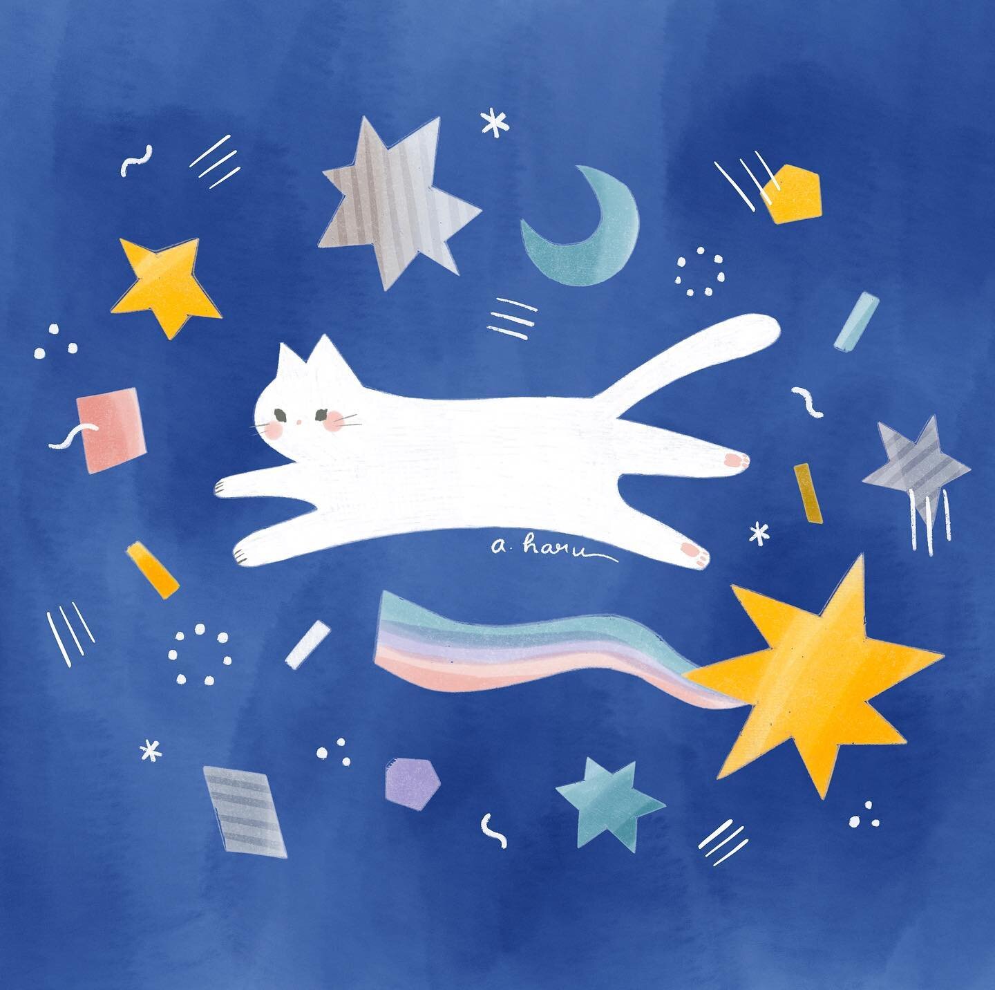Star Cat⭐️ A little experiment combining analog &amp; digital. The cat and star shapes were cut out of paper (you can see what they looked like in the second photo), scanned, then digitally colored. 

Don't know why but all I want to draw lately are 
