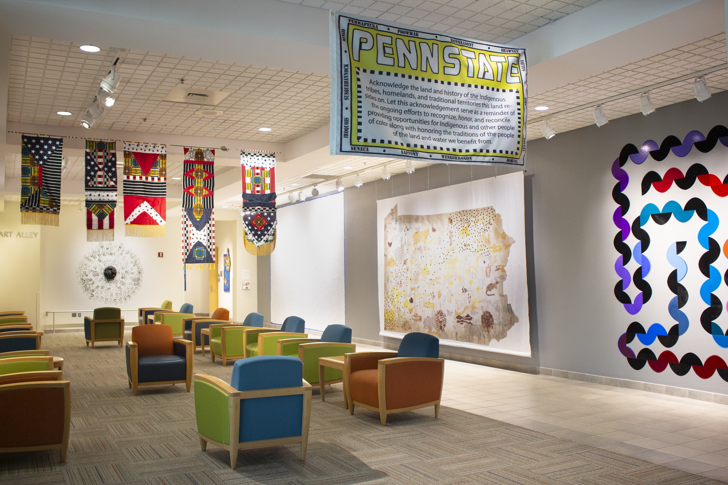  The Fractured State mural was displayed as part of the  C/O Commonwealth  exhibition in The Hub, Penn State’s main student center, over the summer of 2021.  