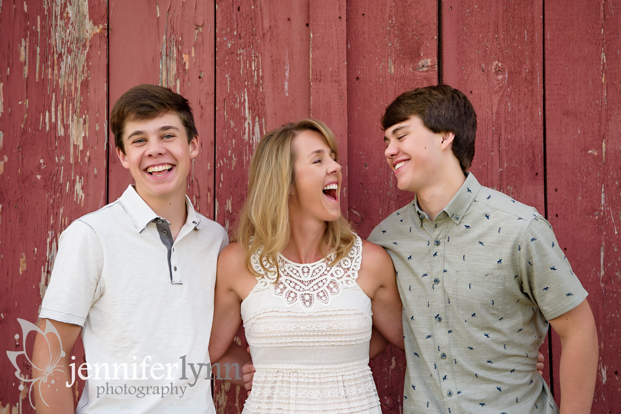 Mom and Her Two Sons Red Barn