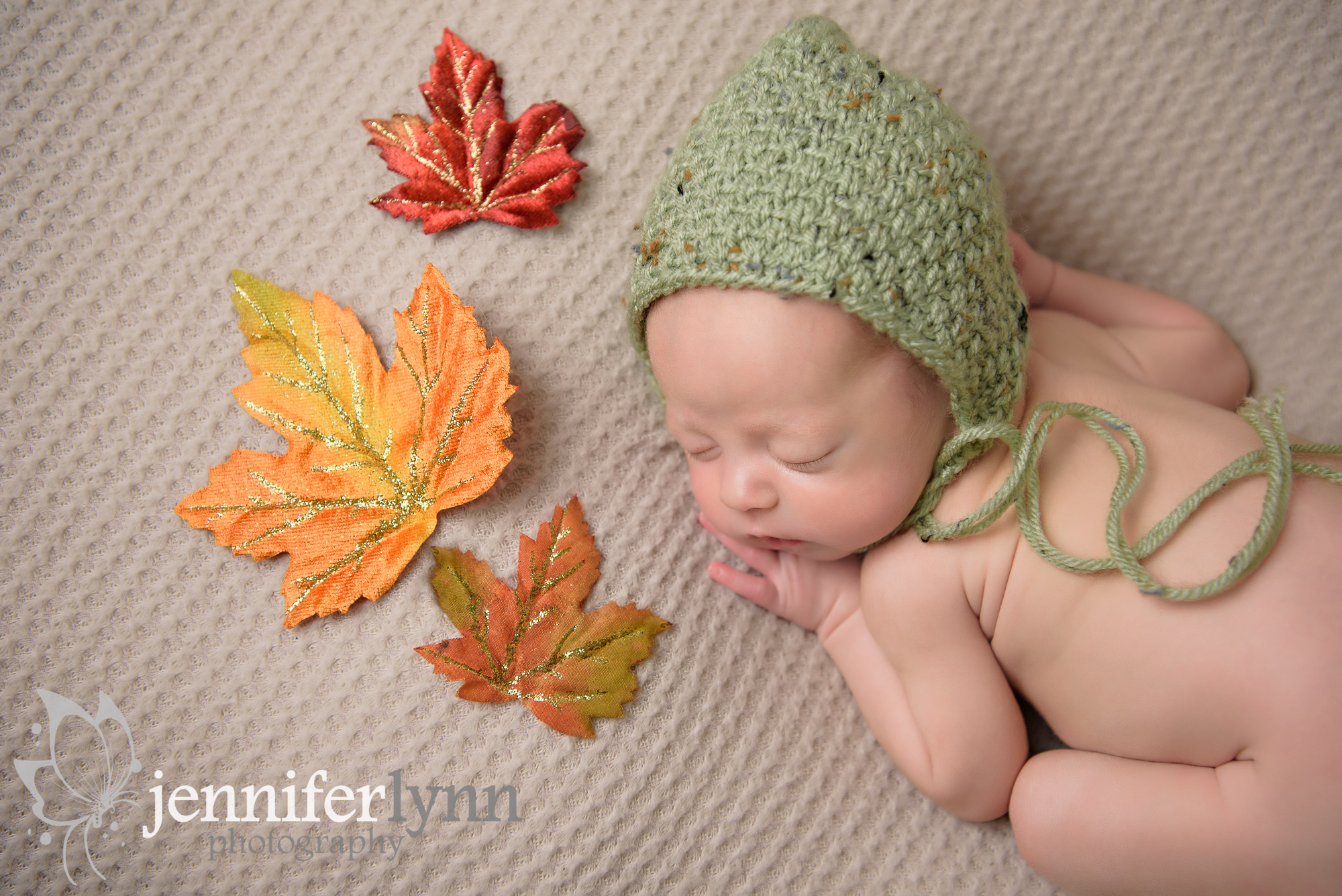 Newborn Boy Green Bonnet Fall Leaves Tan Blanket