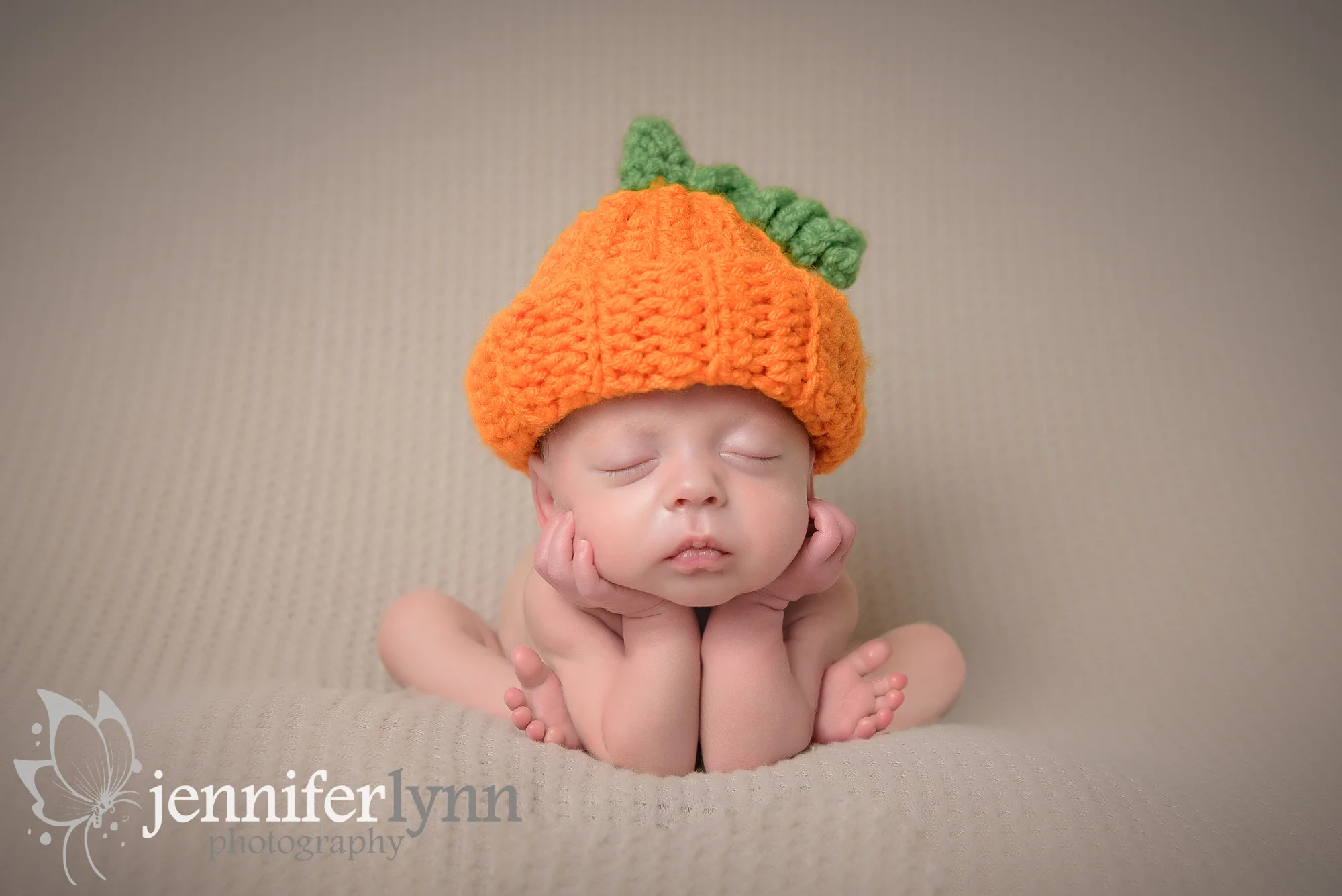 Froggie Pose Newborn Boy Pumpkin Hat