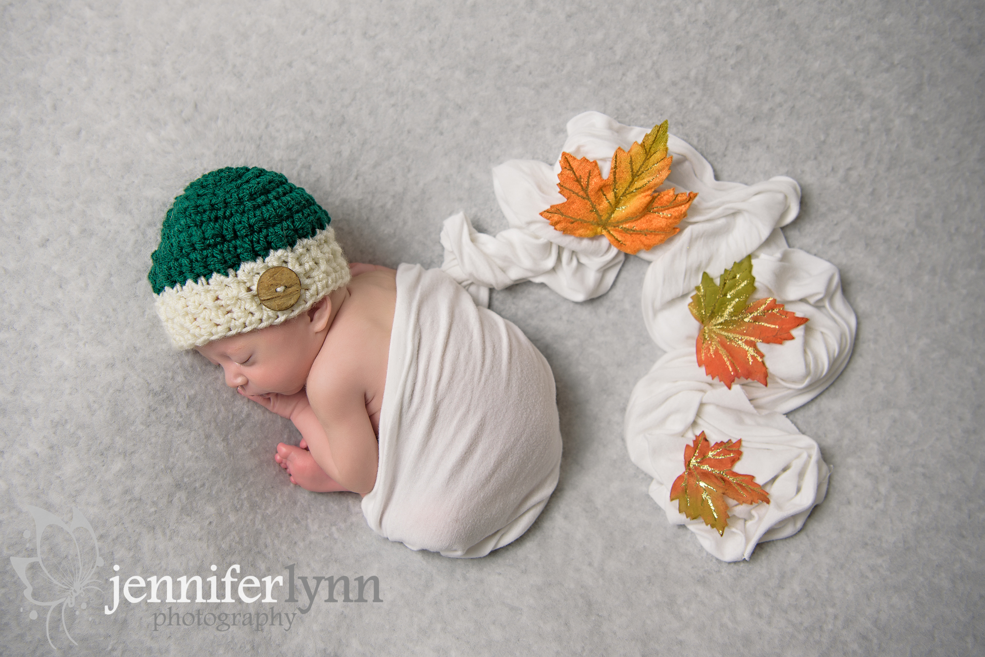 Newborn Boy Green Knit Hat Fall Leaves