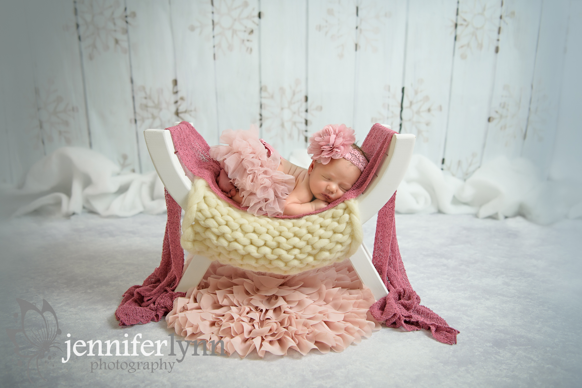 Newborn Girl White Bench Blush Pinks