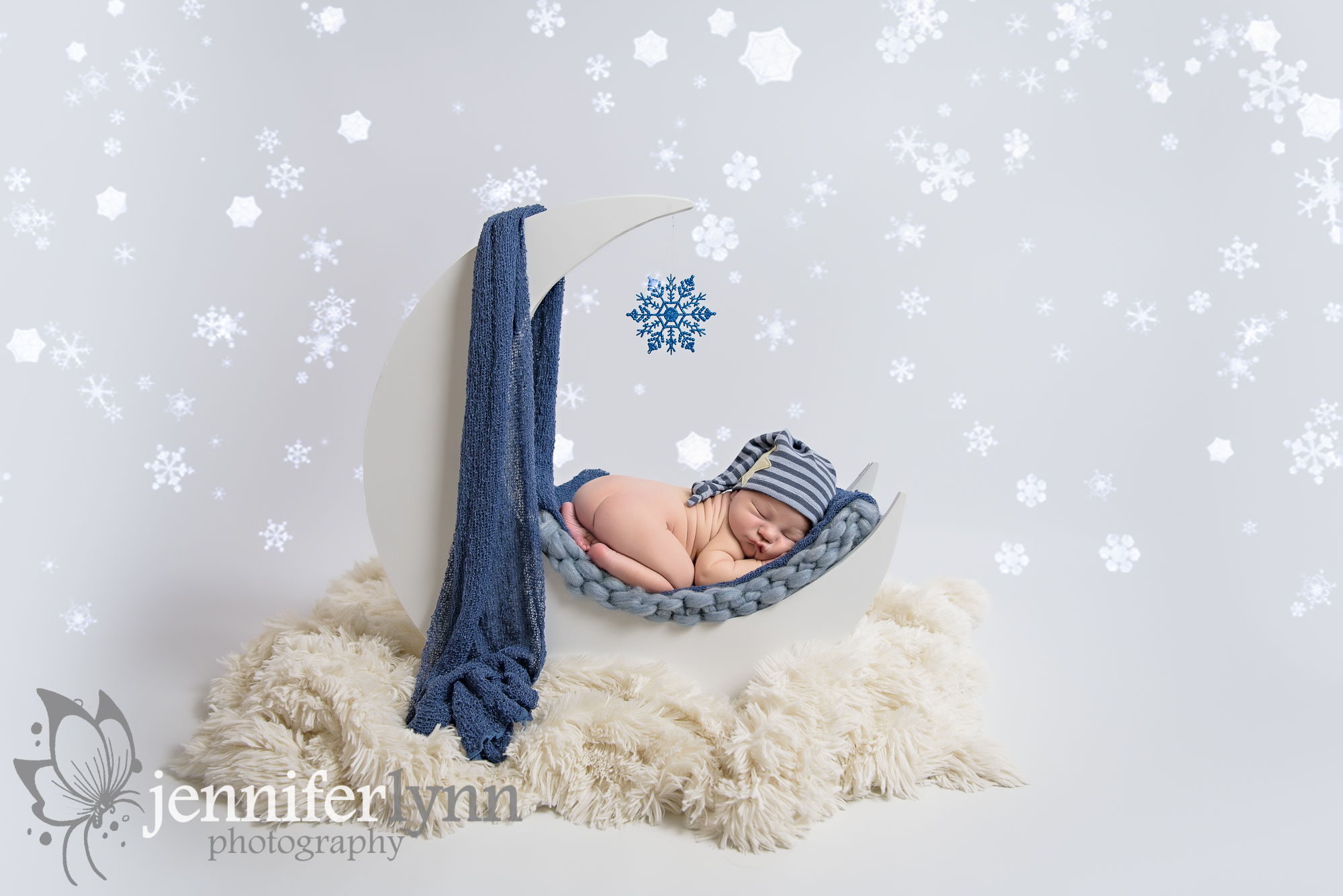 Newborn Boy Snowflakes Moon Blue Grey