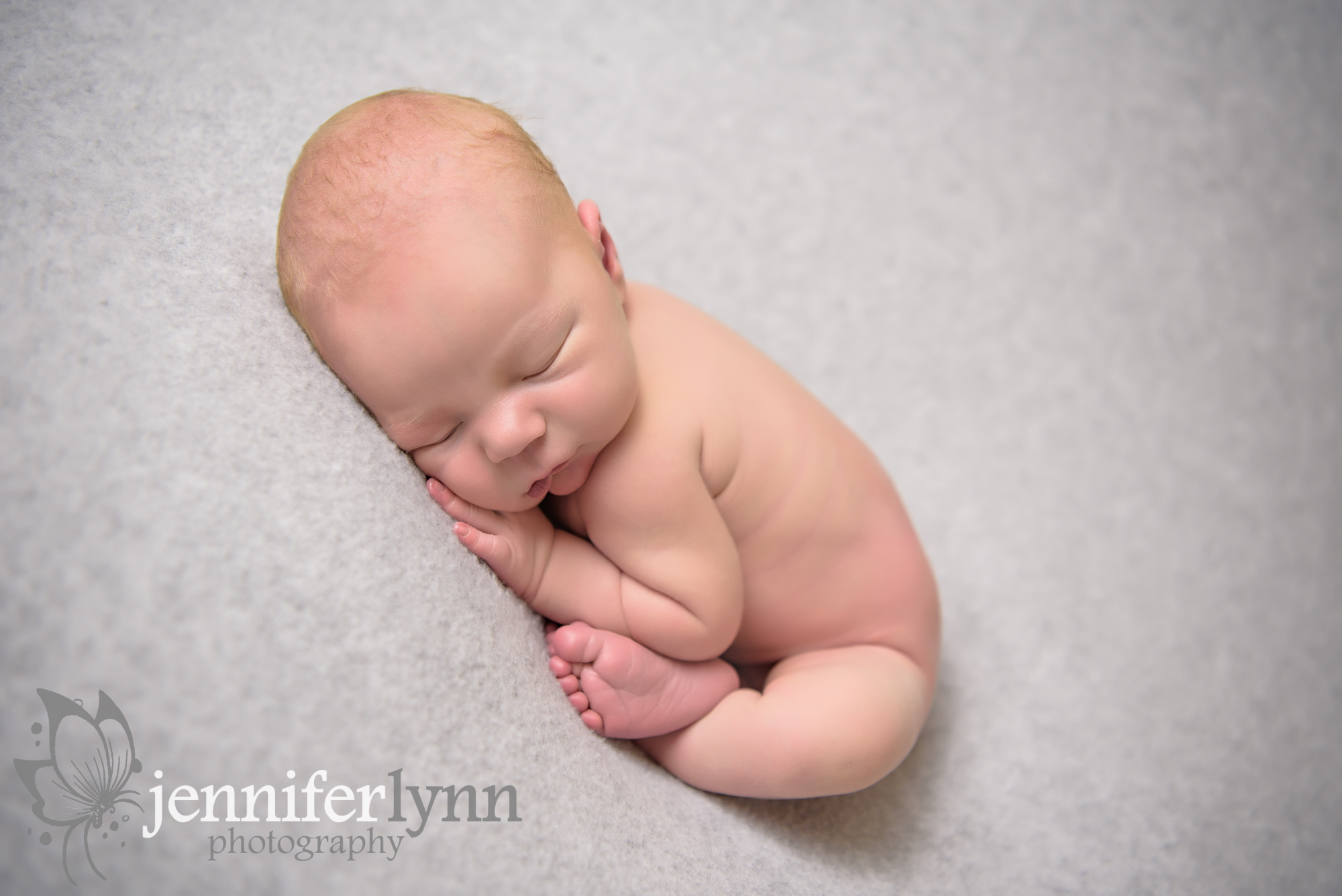 Newborn Boy Taco Pose Grey Blanket