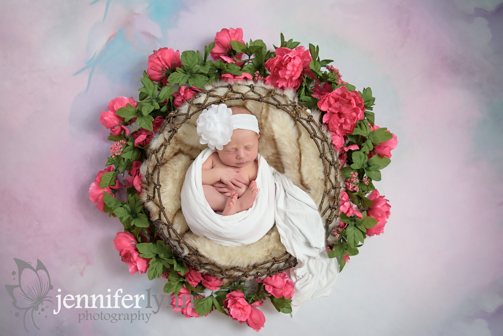 Newborn Girl Circle Basket Roses Flowers